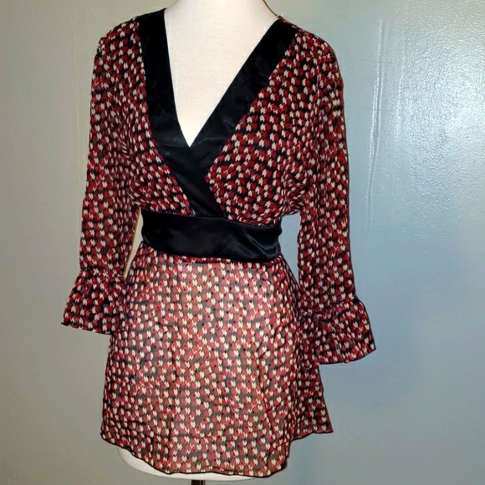 Sheer v neck top, black, red, cream, sz XL